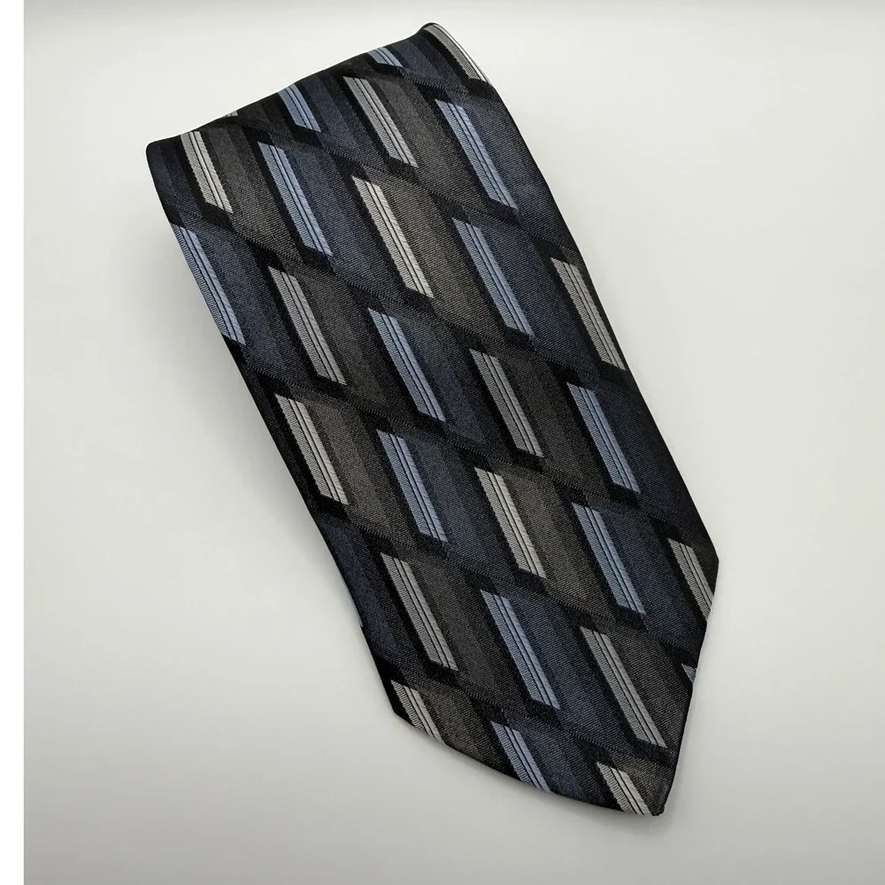 Paul Dione Silk Tie OS Grey Blue Geometric Diamond Striped Professional Classic